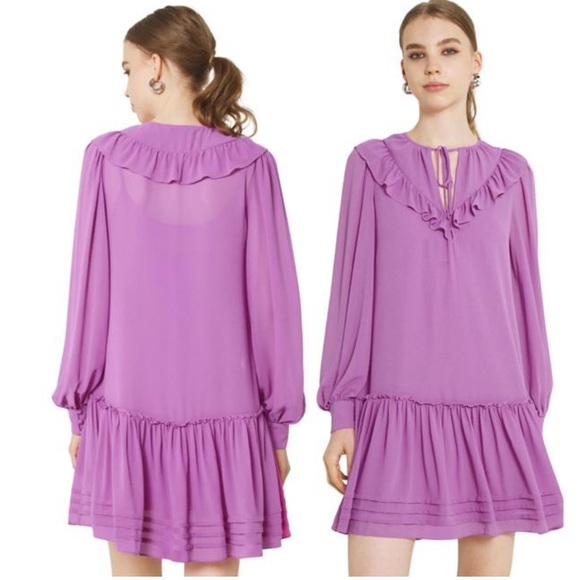 Purple Nelly V-neck Ruffle Long-sleeve Orchid Mini Size 4 Cocktail Dress - Picture 2 of 8